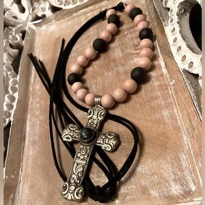 Silver over Brass Cross Labradorite Stone Wooden Pink & Metal Matte Black beads